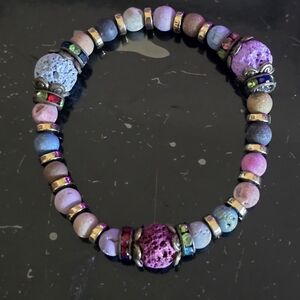 Multi-colored Stone & Lava Bead Stretch Bracelet — Elegant Purple Accents